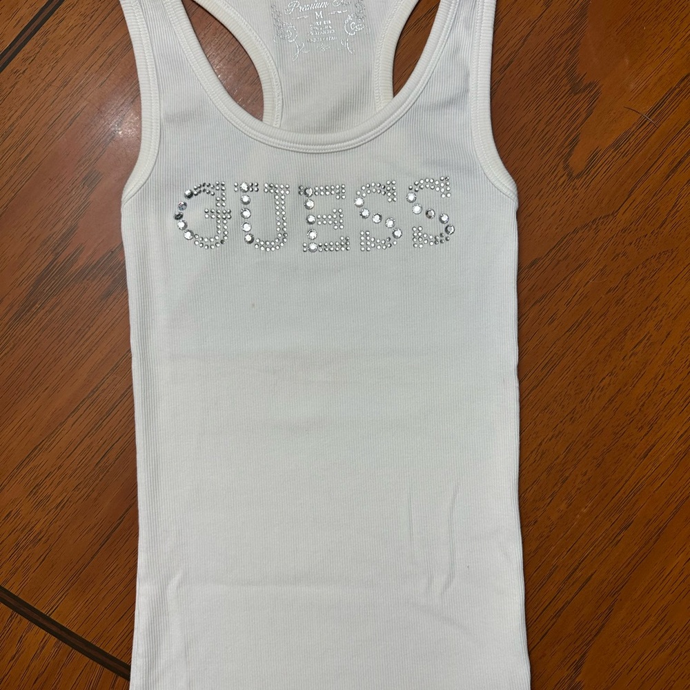 Guess Ivory Tank Top with Rhinestone Embellishment